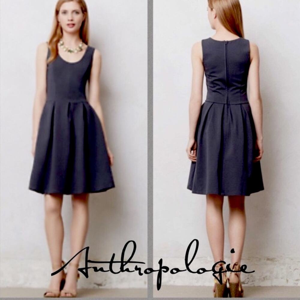 NWT Anthropologie Shades of Grey Pleated Fit Flare Dress Gray Black Trim Size 8